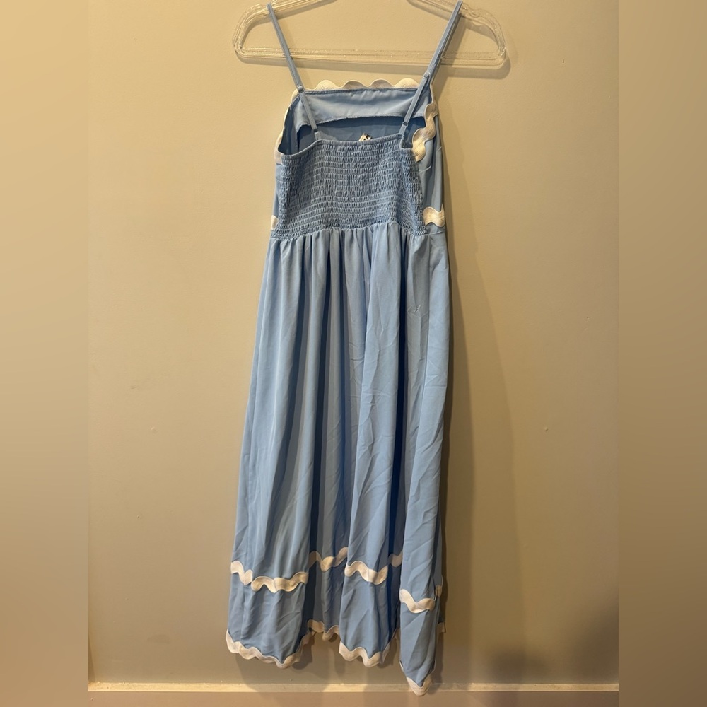 Sky Blue Midi Dress with White Scalloped Trim - Picture 4 of 4